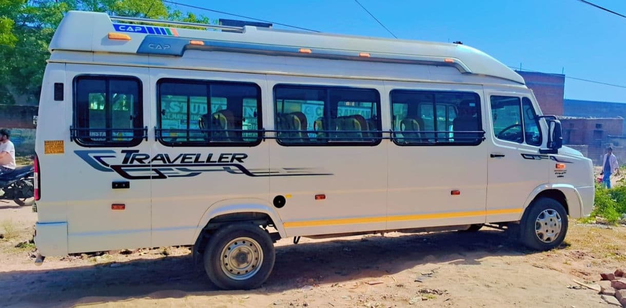 White 20 Seater Tempo Traveller Exterior for Group Travel 20 Seater Tempo Traveller